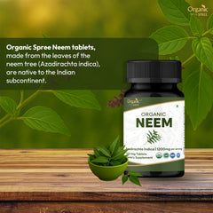 Organic Spree Neem tablets stacked, illustrating convenient daily wellness supplementation