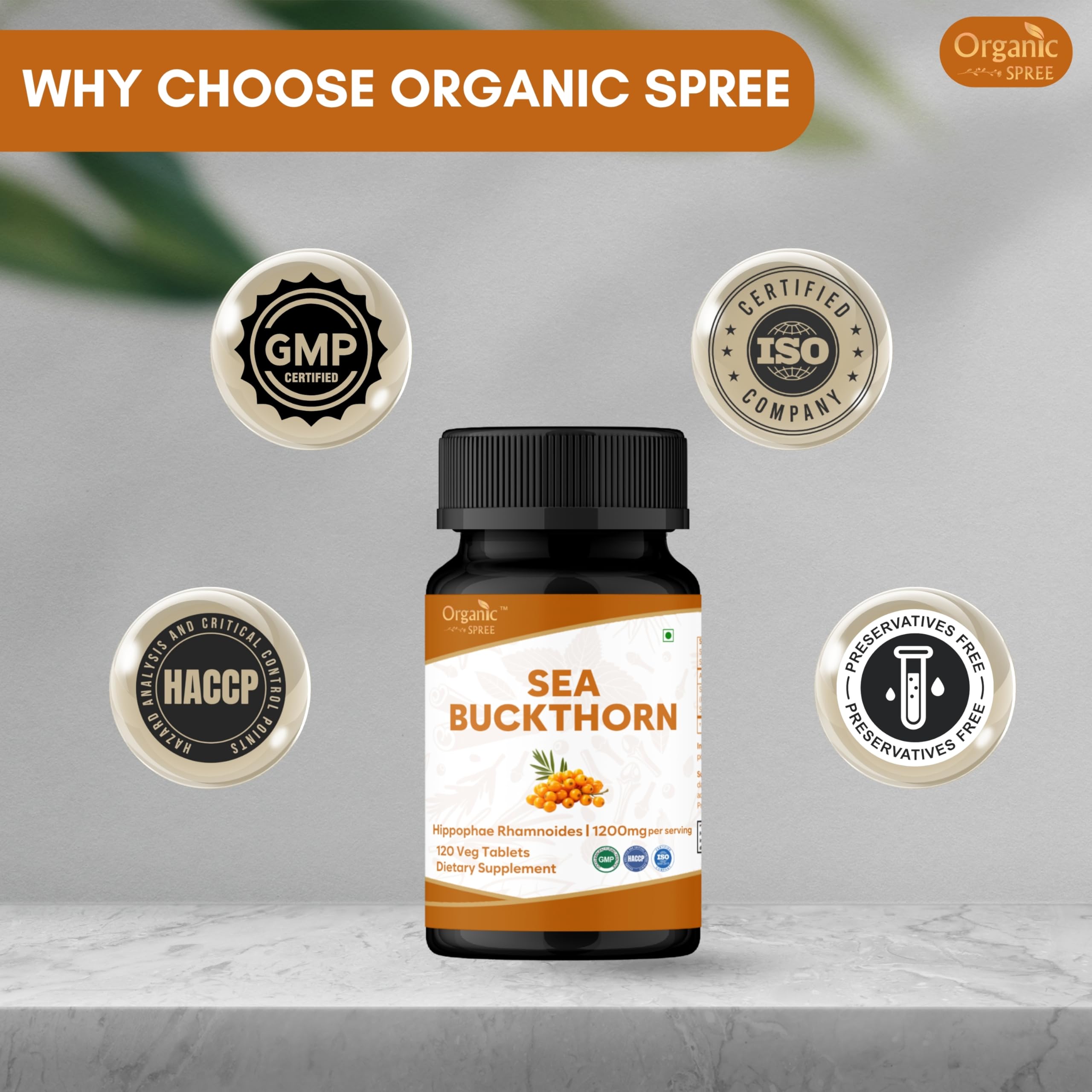 Organic Spree Sea Buckthorn bottle on shelf ready for skin support routine.