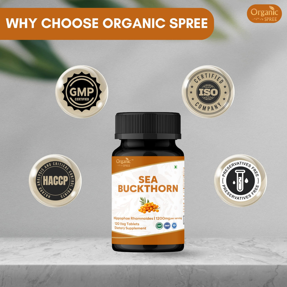 Organic Spree Sea Buckthorn bottle on shelf ready for skin support routine.