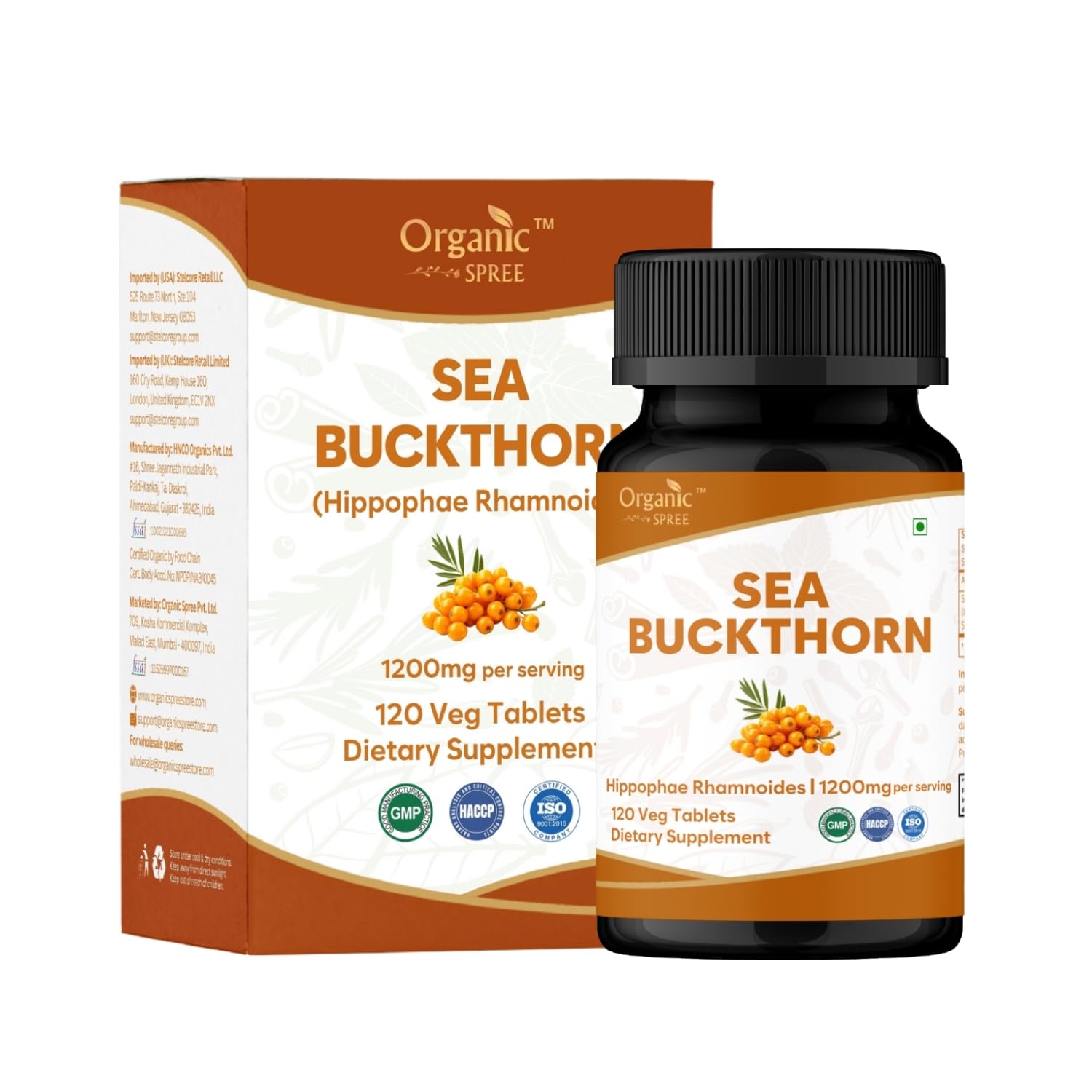 Organic Spree Sea Buckthorn tablets bottle highlights omega-rich formula for skin and nails.