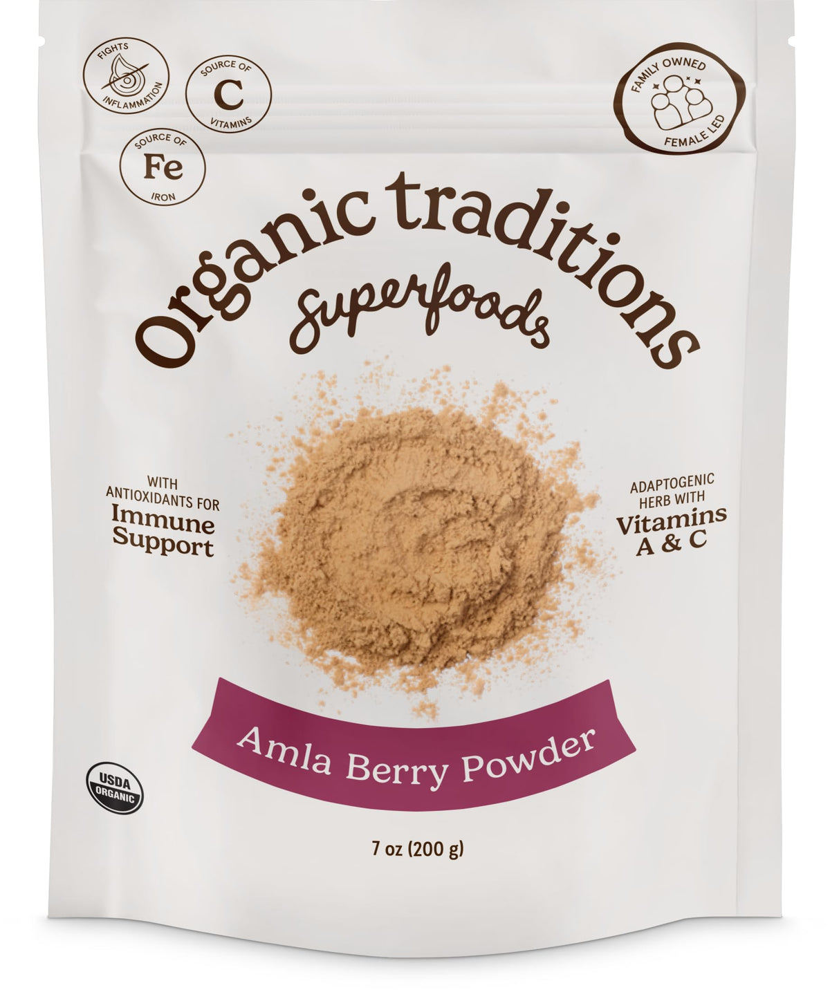 Organic Traditions Amla Berry Powder bag ready for smoothies and desserts.
