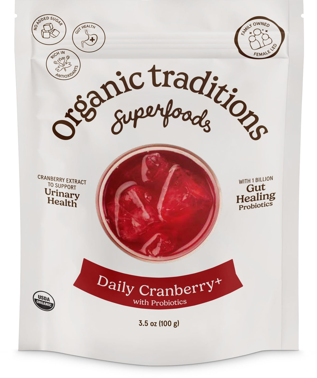 Organic Traditions Daily Cranberry+ powder bottle ready for daily use.