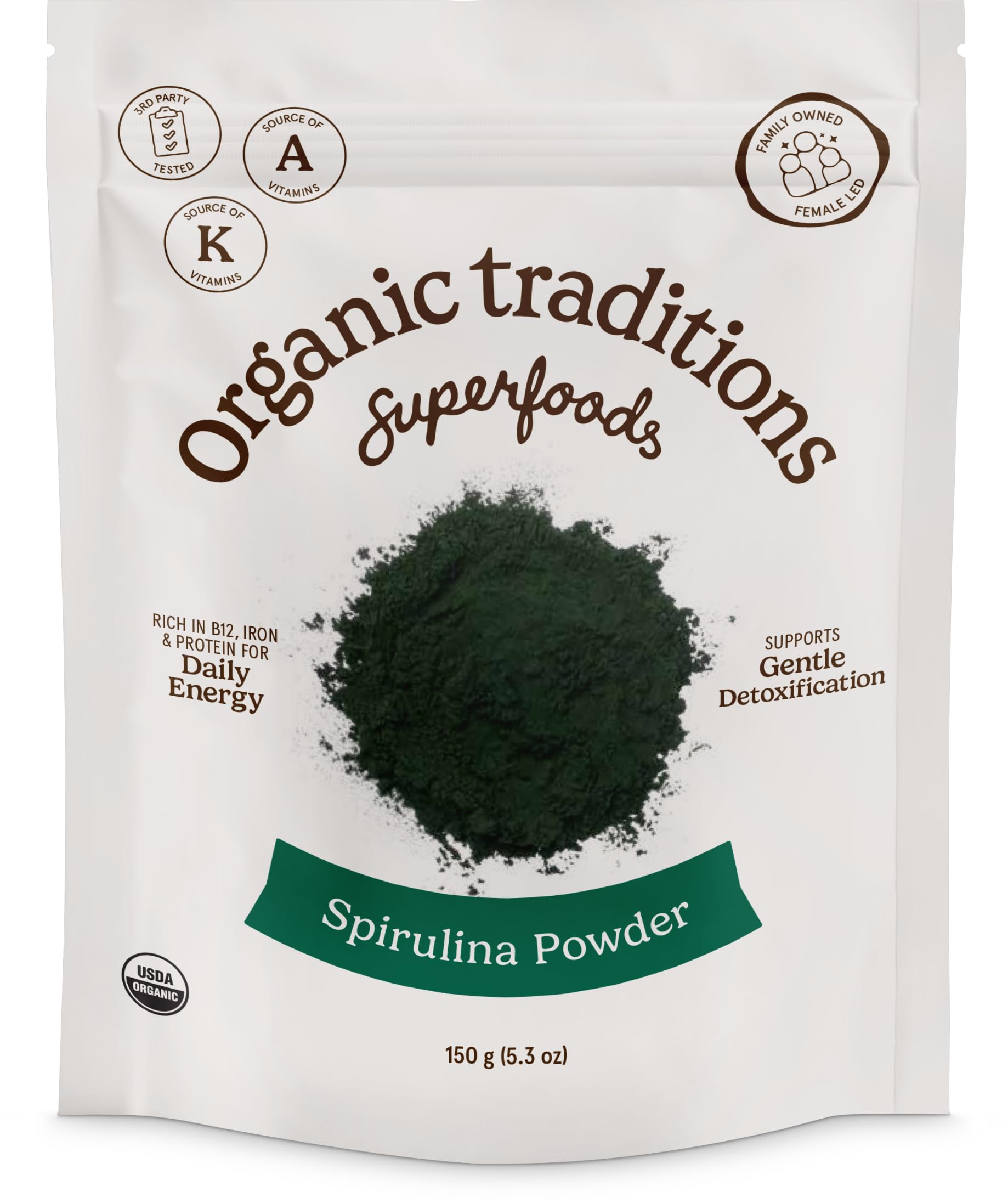 Organic Traditions spirulina powder bag front, a vibrant green superfood for daily smoothies.