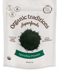 Organic Traditions spirulina powder bag front, a vibrant green superfood for daily smoothies.