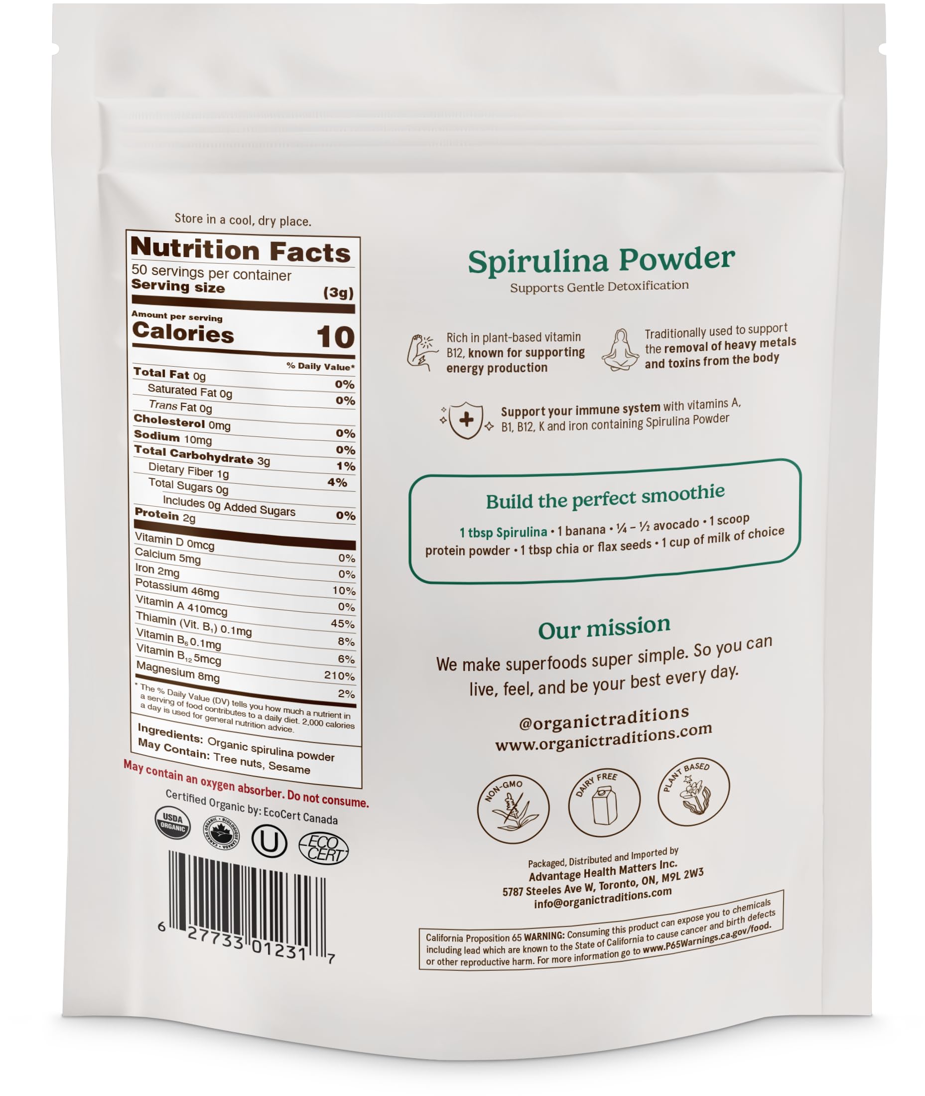 Organic Traditions spirulina powder certified organic seal indicating quality.