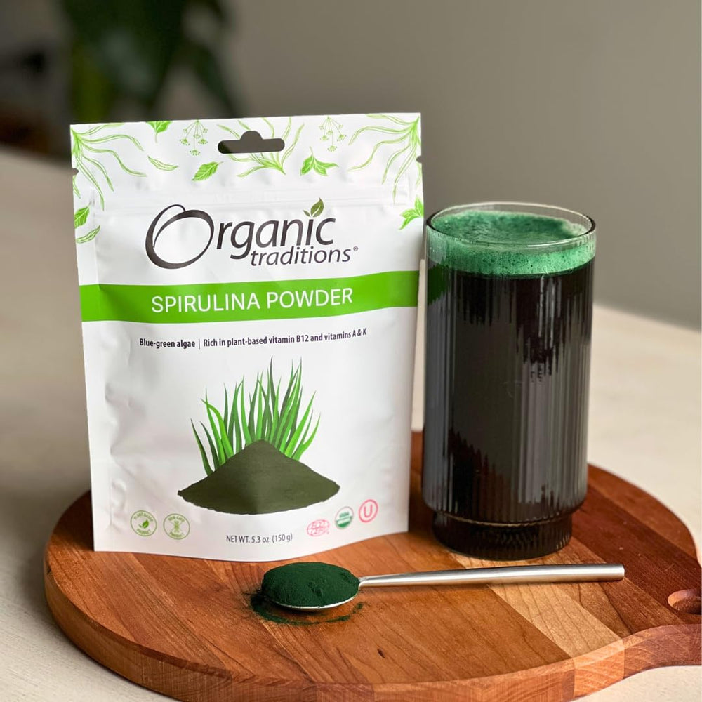 Organic Traditions spirulina powder glass jar for premium everyday use.