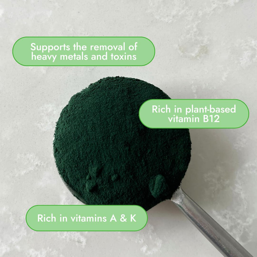 Organic Traditions spirulina powder in smoothie shows vibrant color and nutrients.
