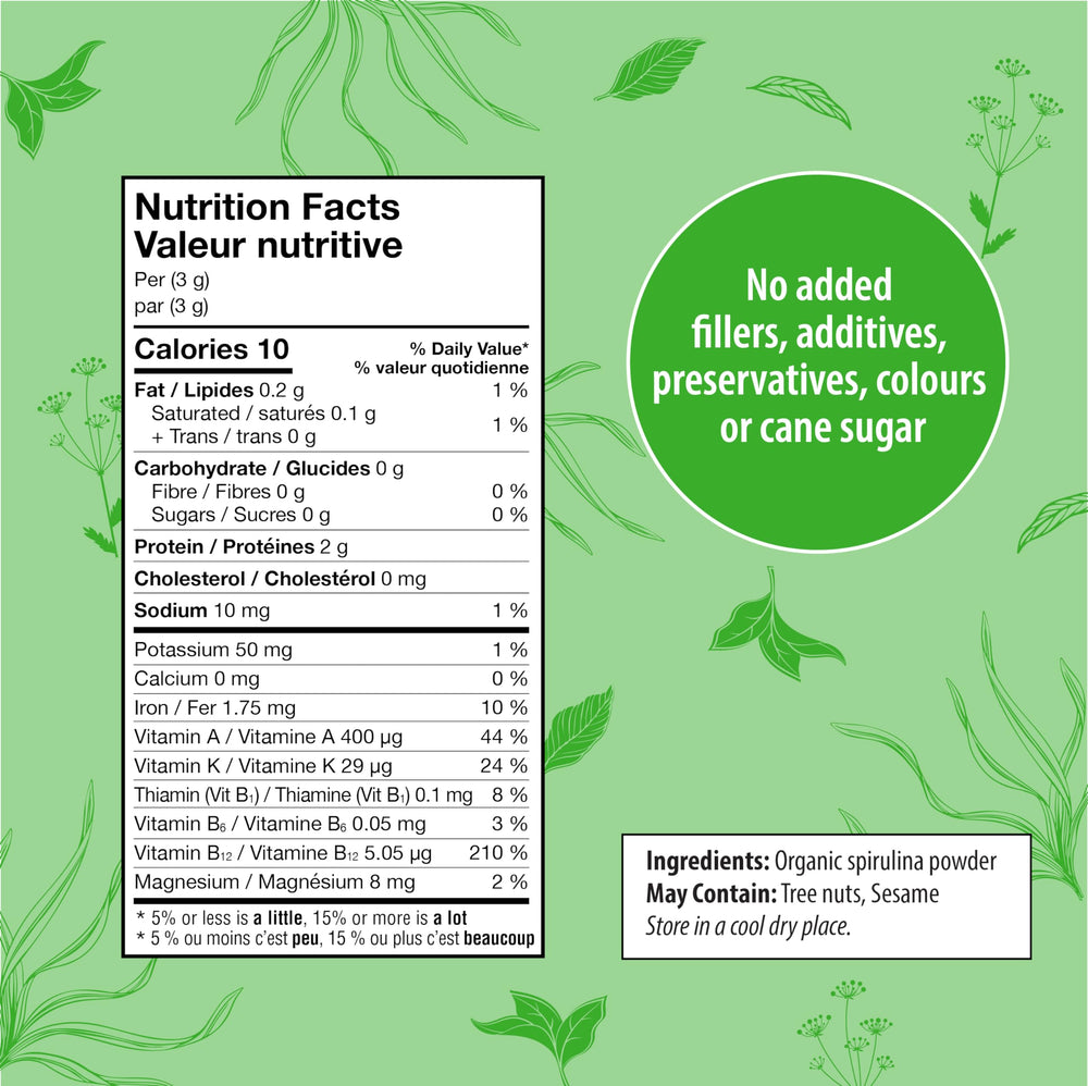 Organic Traditions spirulina powder scoop for easy, portion-controlled servings.