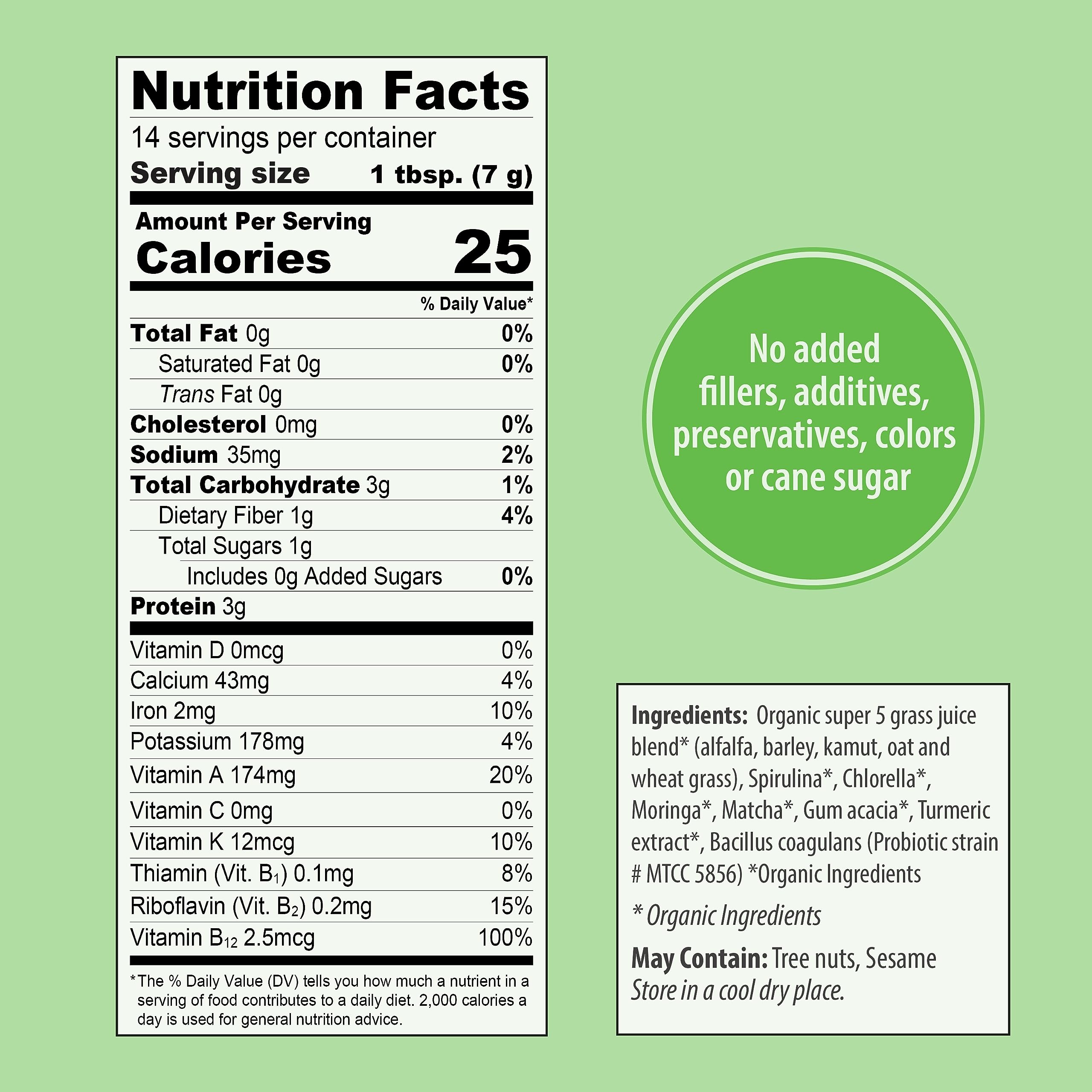 Organic Traditions Super Greens 100g bag on kitchen counter