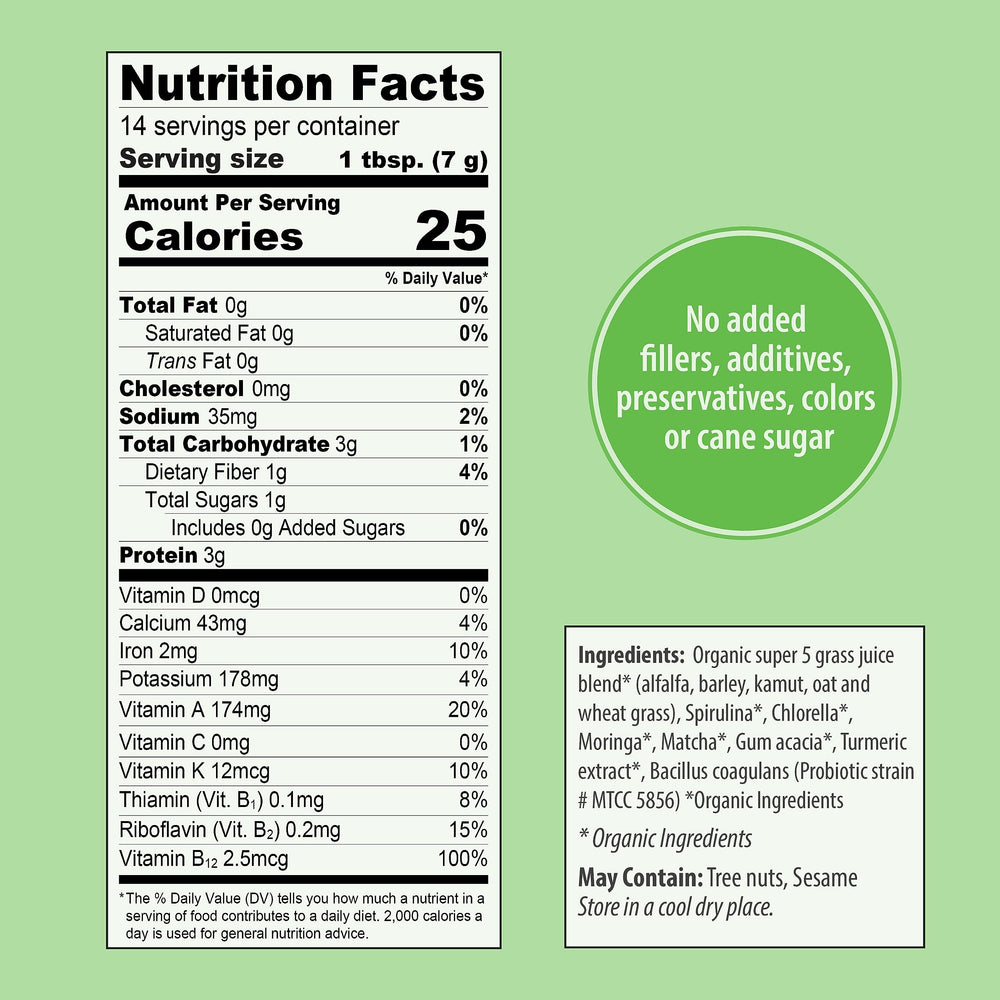 Organic Traditions Super Greens 100g bag on kitchen counter