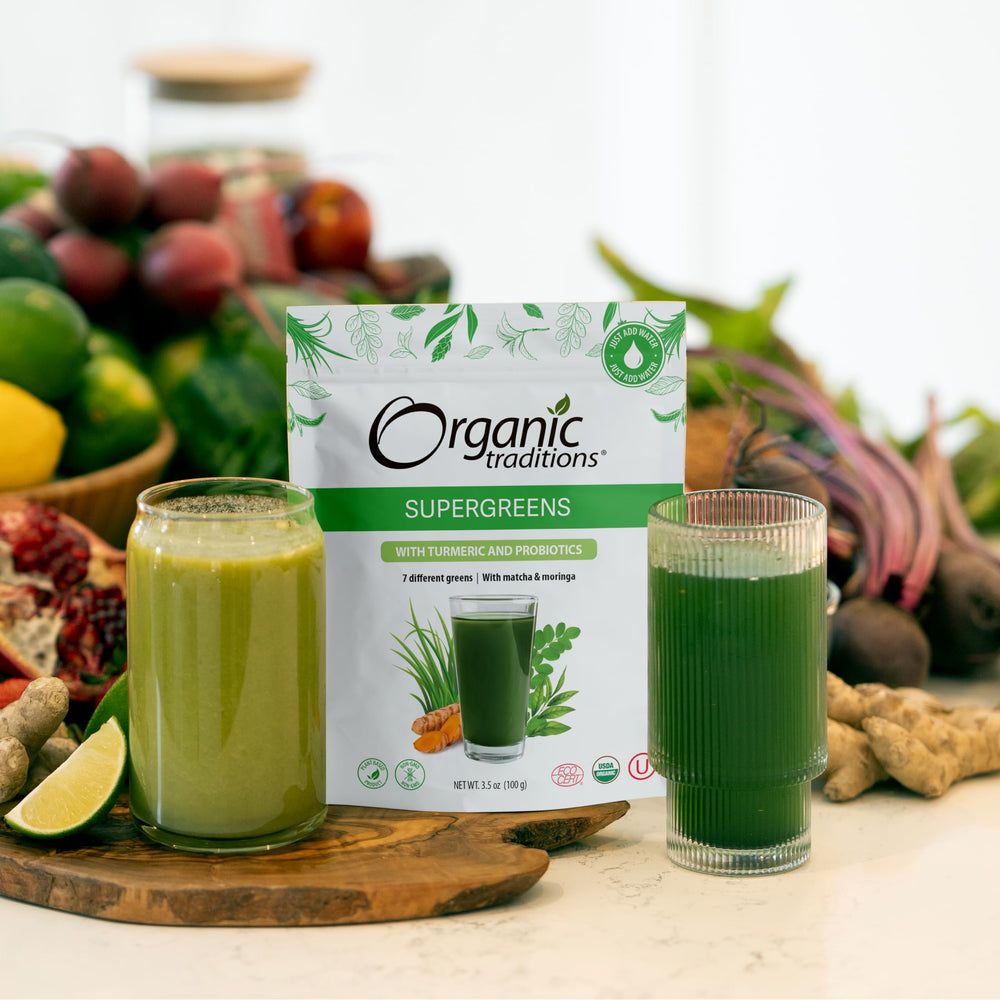 Organic Traditions Super Greens ingredients highlight moringa, matcha, turmeric