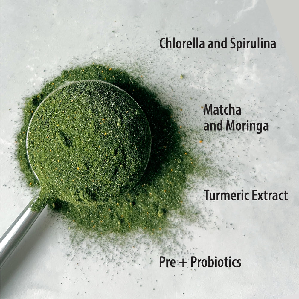 Organic Traditions Super Greens powder scoop showing source greens
