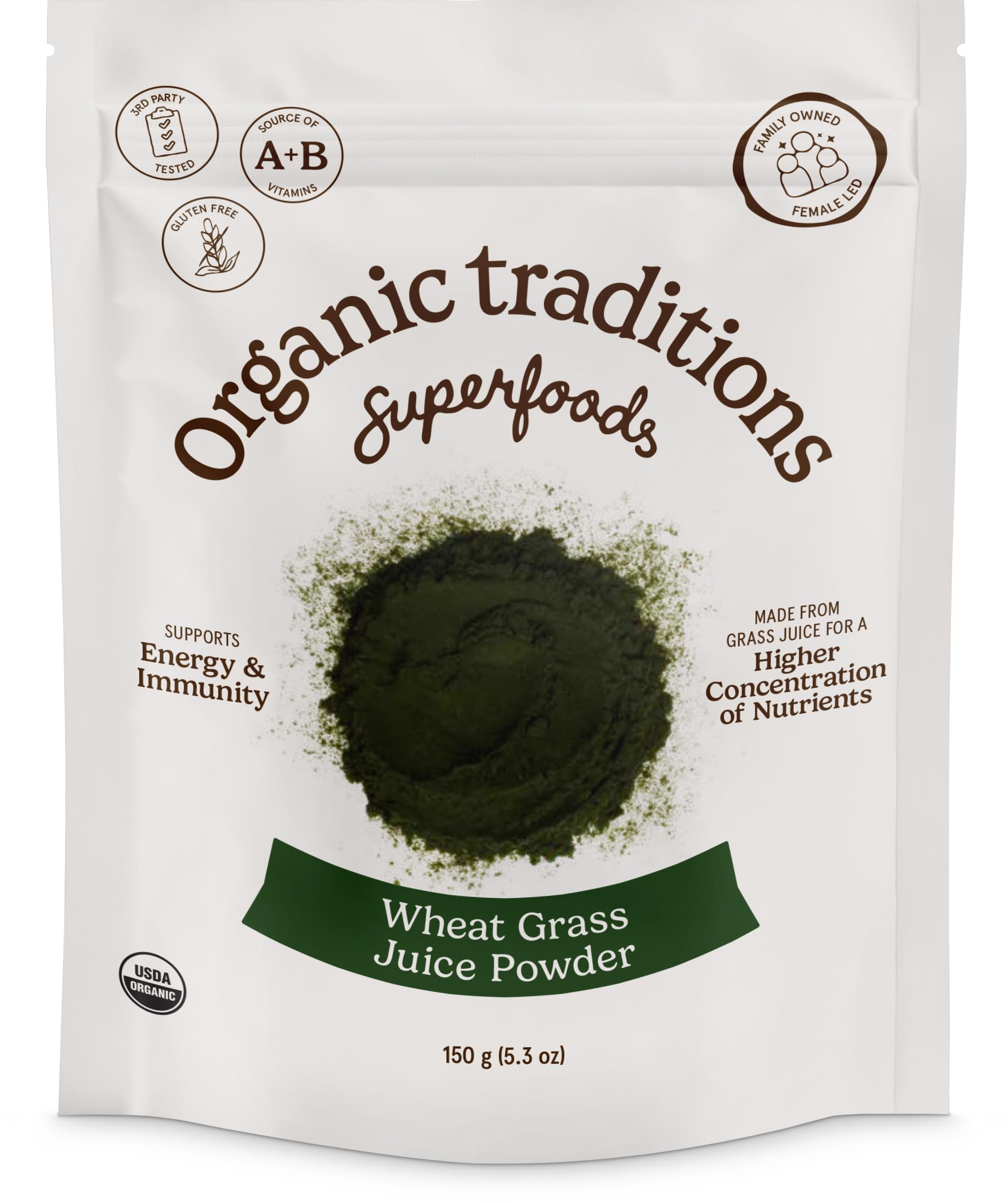 Organic Traditions wheat grass powder in a jar, gluten-free and vegan