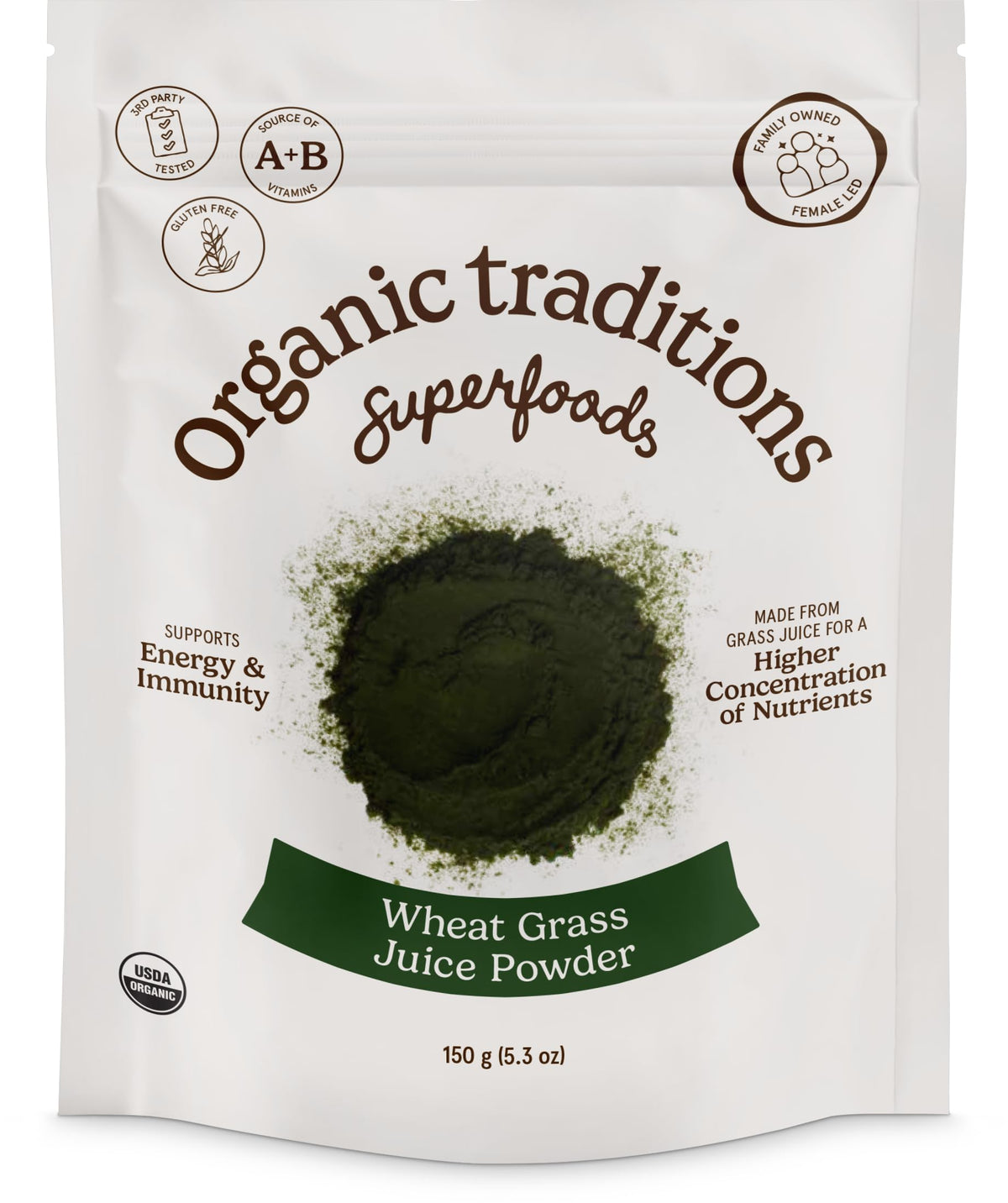 Organic Traditions wheat grass powder in a jar, gluten-free and vegan