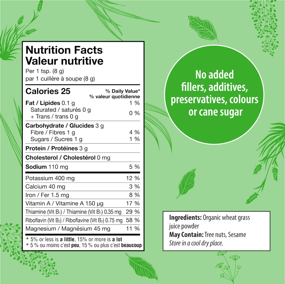 Organic Traditions wheat grass powder packaging shows pure organic quality