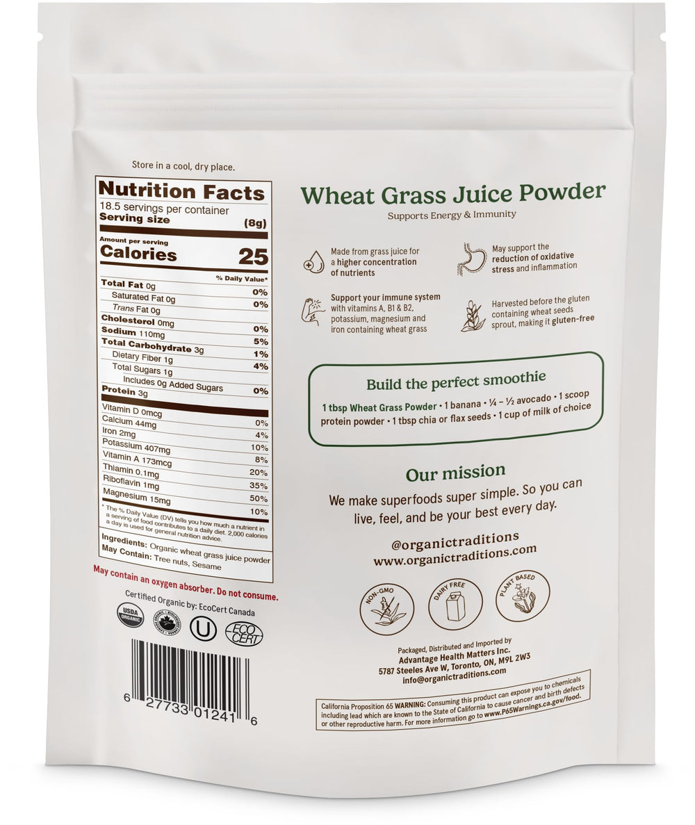 Organic Traditions wheat grass powder scoop for easy daily greens