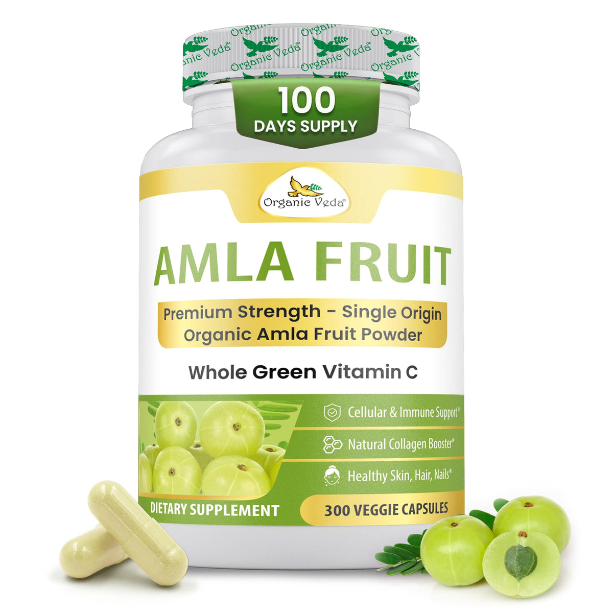 Organic Veda Amla capsules bottle front for daily immunity support.