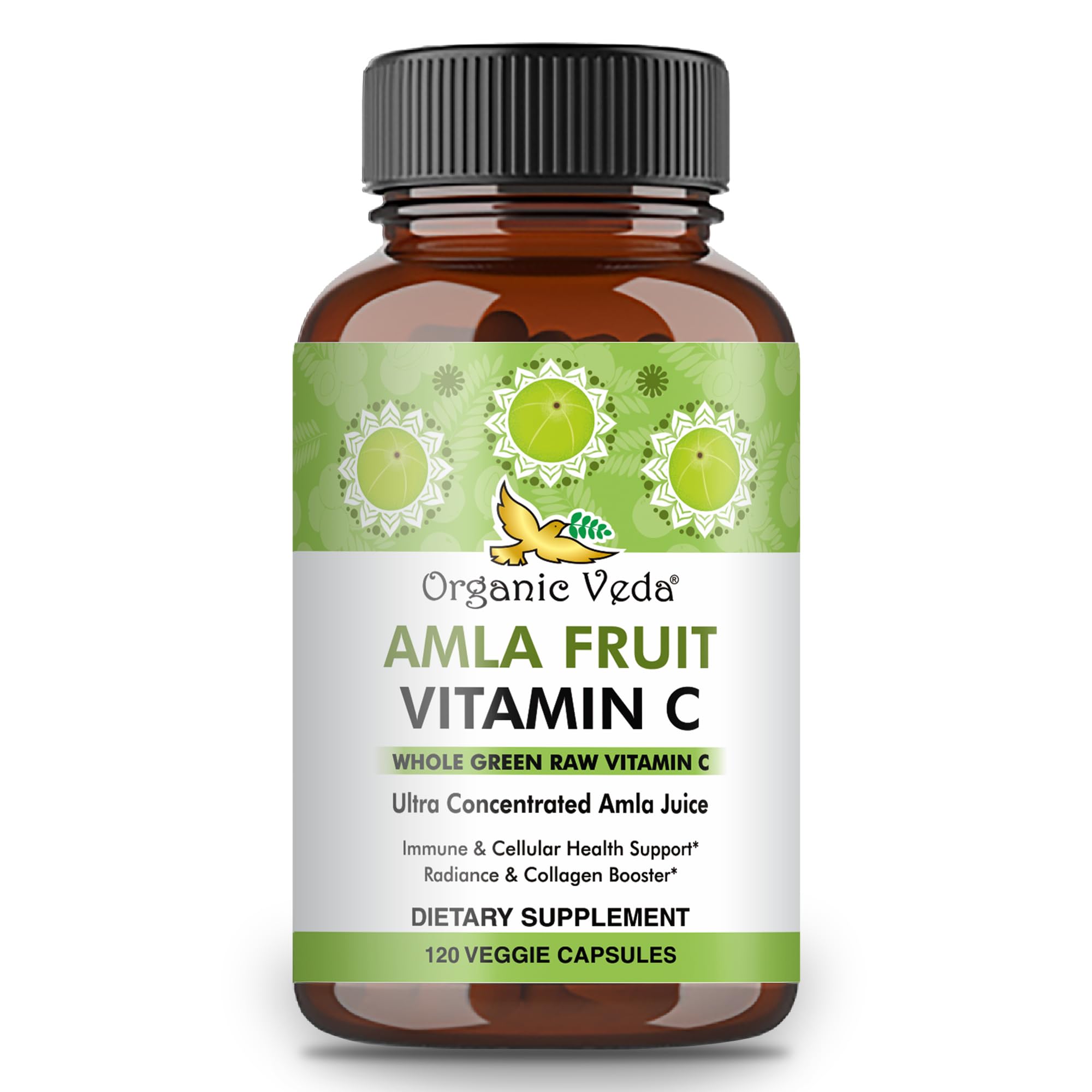 Organic Veda amla capsules bottle highlighting convenient daily vitamin C.