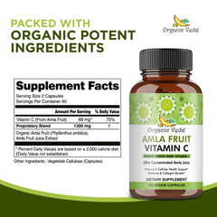 Closeup of Organic Veda amla capsules ready for daily intake.
