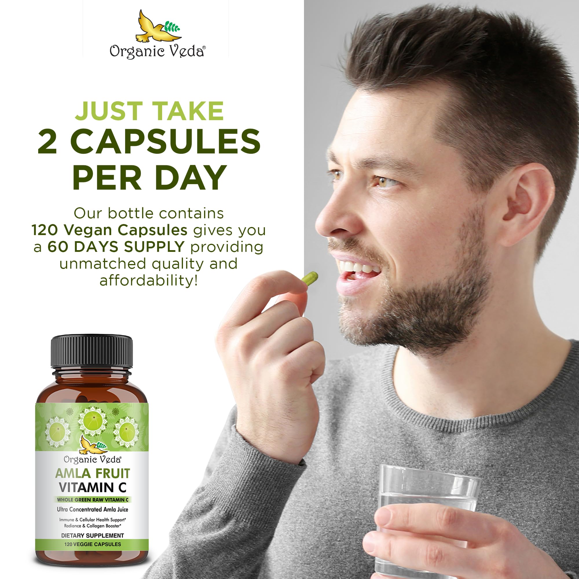 Label close-up of Organic Veda amla capsules highlighting vegan formula.