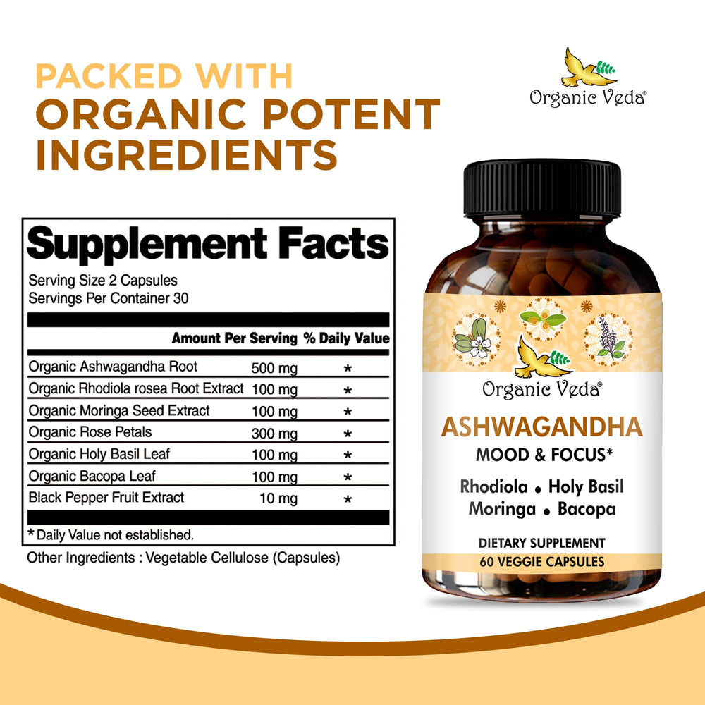 Organic Veda Ashwagandha Mood Support 1200mg – 60 Vegan Capsules ...