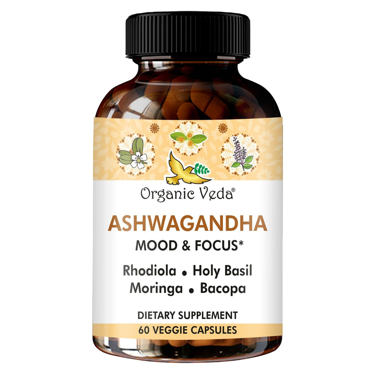 Organic Veda Ashwagandha mood bottle pour supports daily calm and balanced energy
