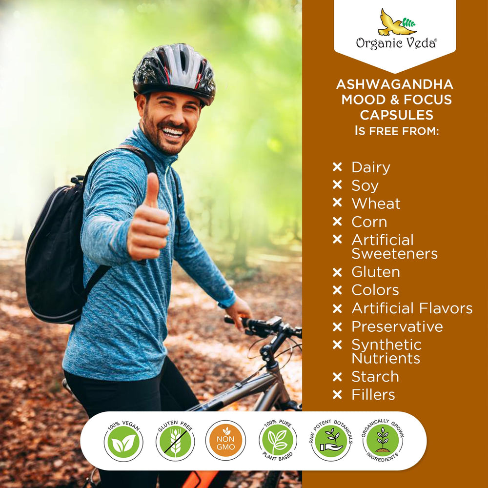 Organic Veda focus and energy routine with capsules and water glass