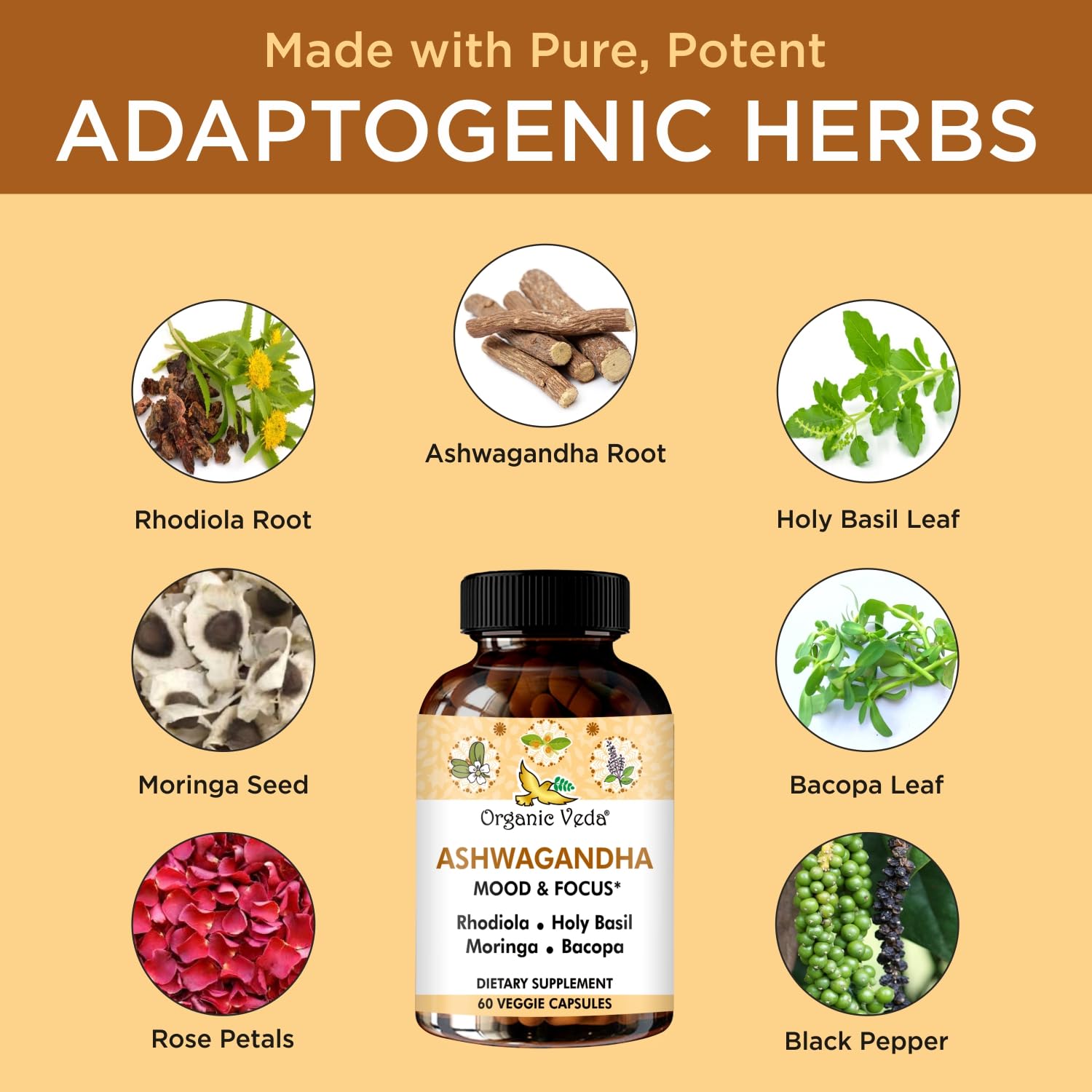 Organic Veda herbal blend bacopa and rhodiola highlights potential cognitive support