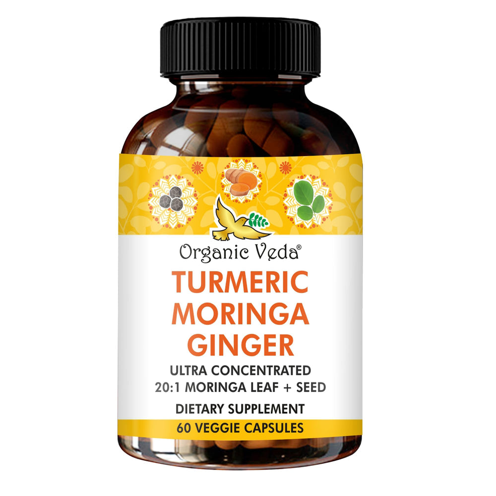 Organic Veda Turmeric Moringa Ginger capsules bottle front for daily wellness.