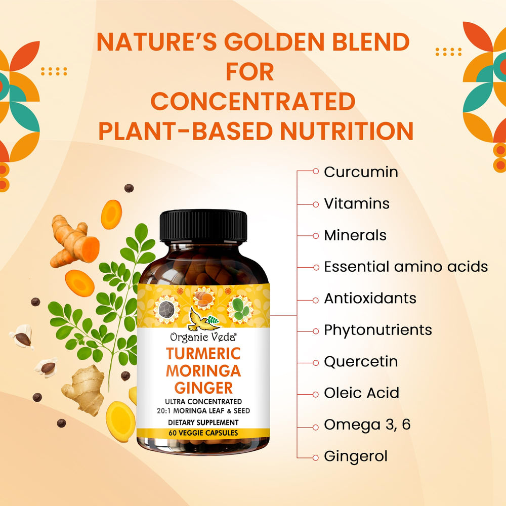 Ingredients panel highlights moringa leaf and seed extracts in Organic Veda formula.