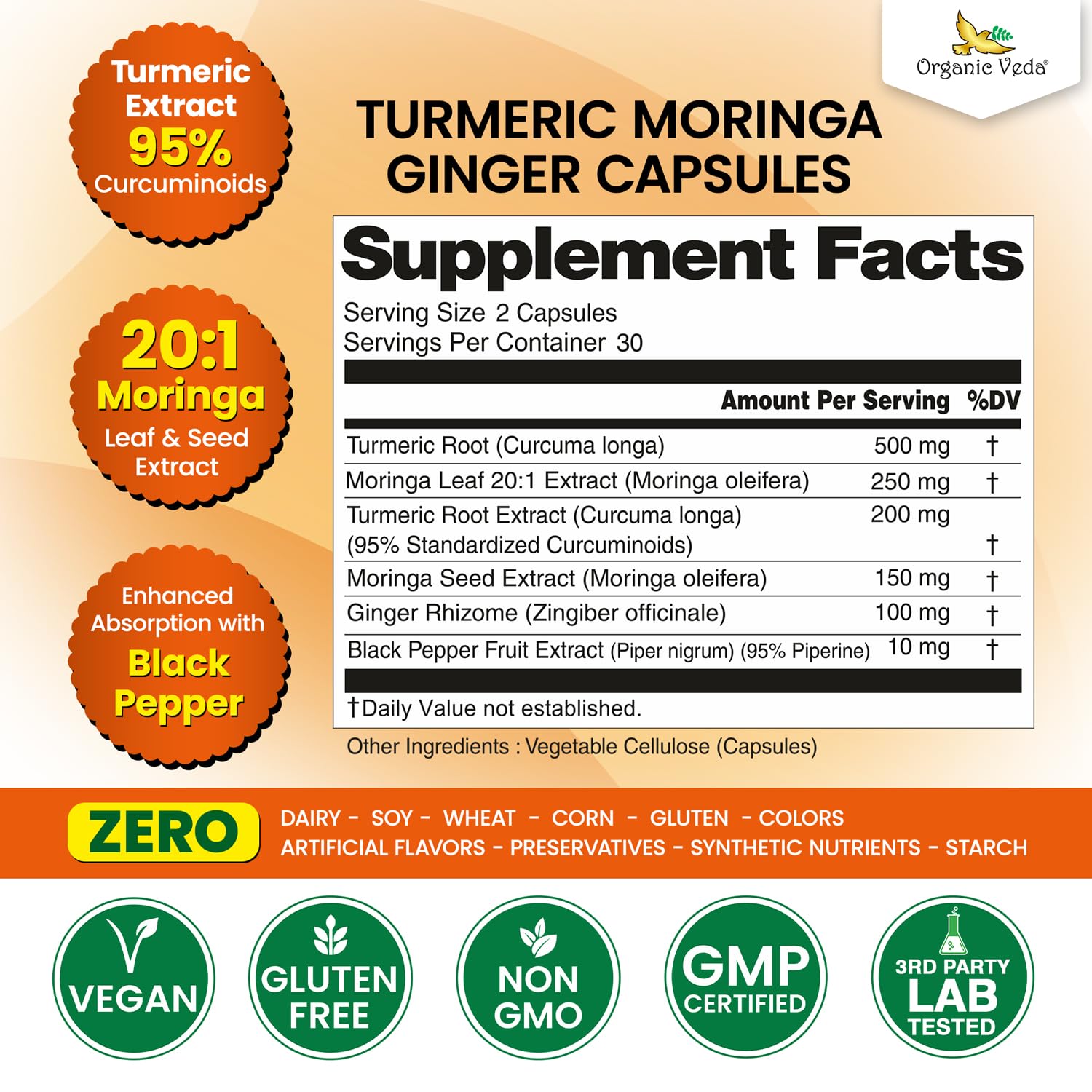 Organic Veda label close-up with 20:1 moringa extract for antioxidant support.