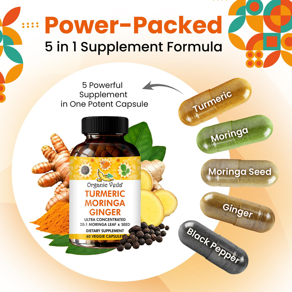 Poured bottle of Organic Veda capsules for convenient daily energy.