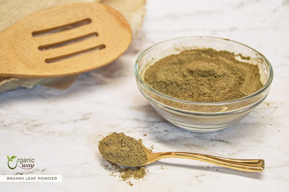 Organic Way Brahmi powder jar displays organic and kosher certification
