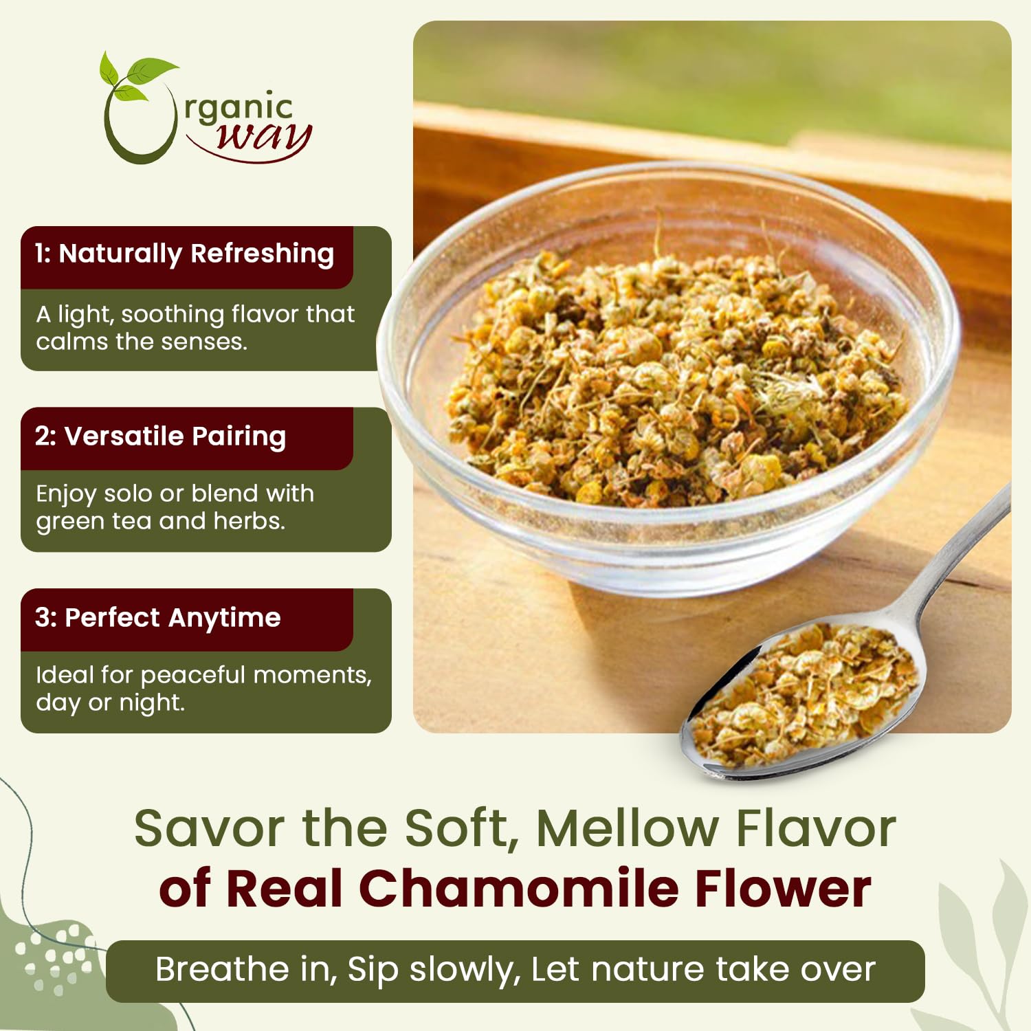 Organic Way chamomile whole flowers for potpourri create calming, natural fragrance accents.
