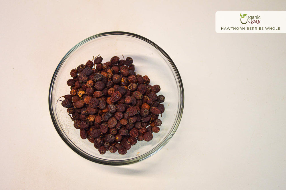 Organic Way Hawthorn Berries close-up showing vibrant red color for infusions.