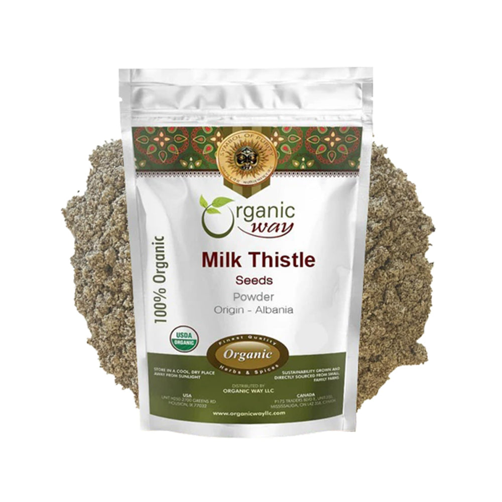Organic Way Milk Thistle Seeds Powder packaging highlights premium quality and freshness.
