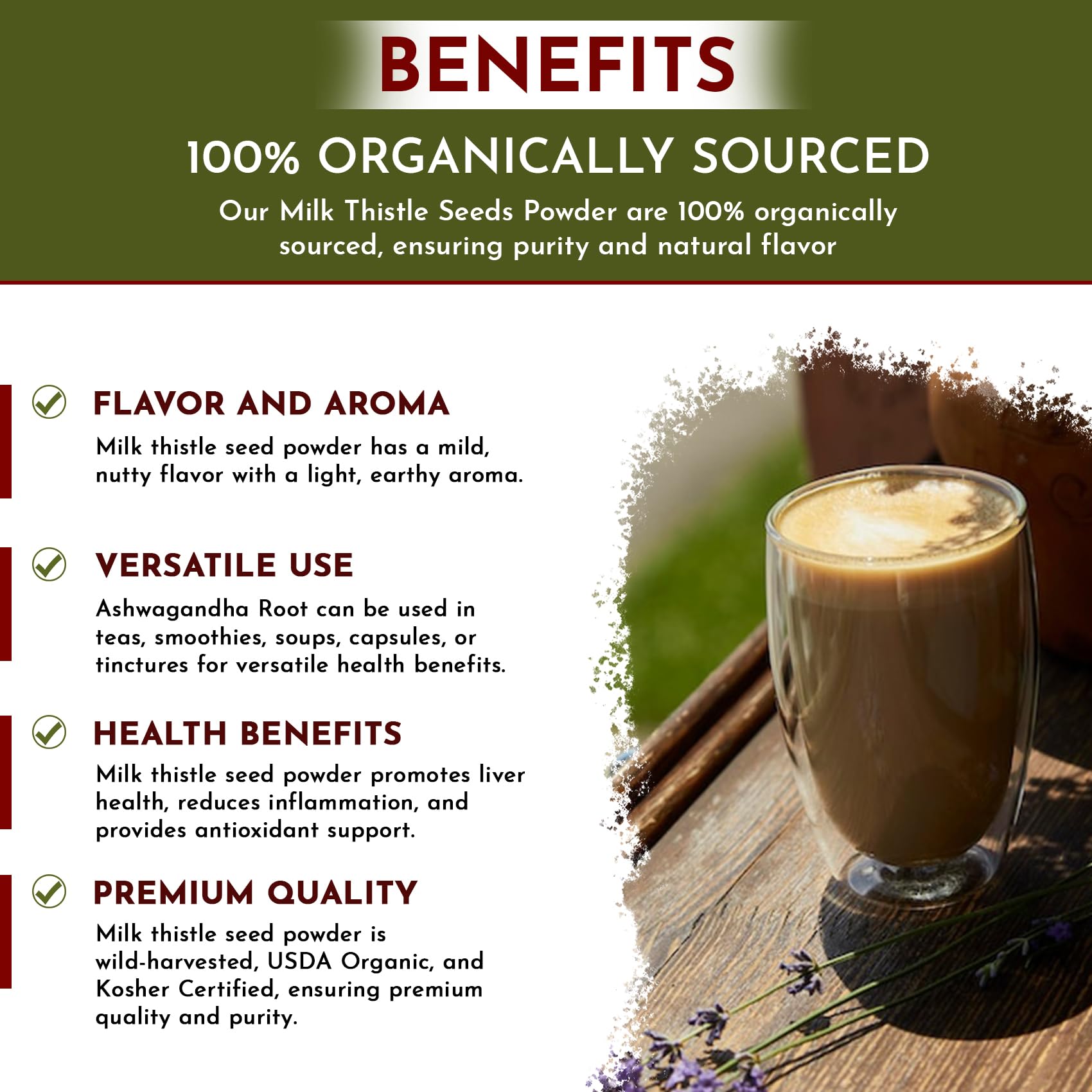 Organic Way Milk Thistle Powder pours smoothly into beverages with a subtle nutty note.