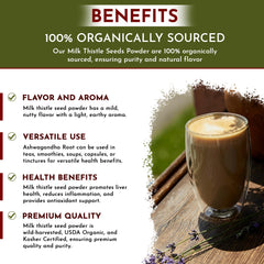 Organic Way Milk Thistle Powder pours smoothly into beverages with a subtle nutty note.