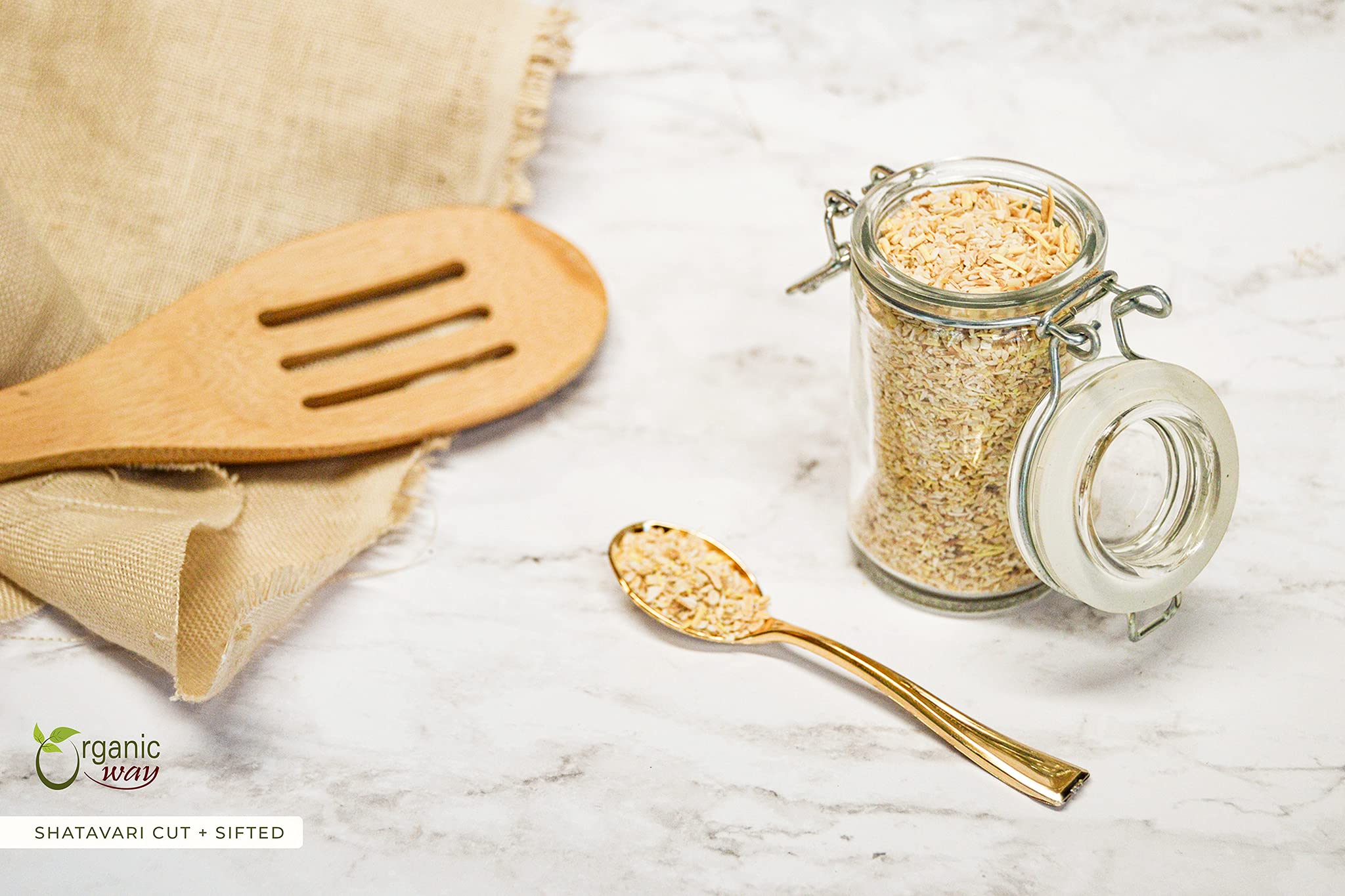 Organic Way Shatavari cut & sifted clear packaging preserves texture and freshness.
