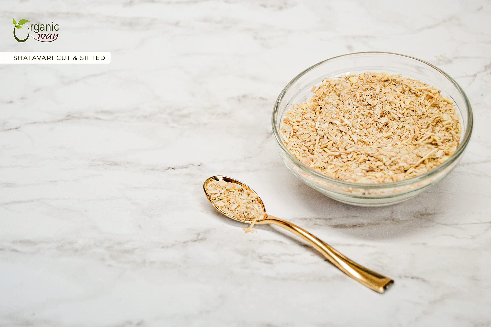 Organic Way Shatavari cut & sifted storage-ready bulk for easy organization.