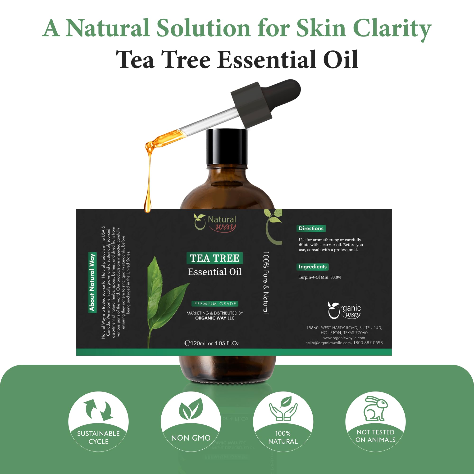 Organic Way Tea Tree Oil 4oz packaging for easy storage.