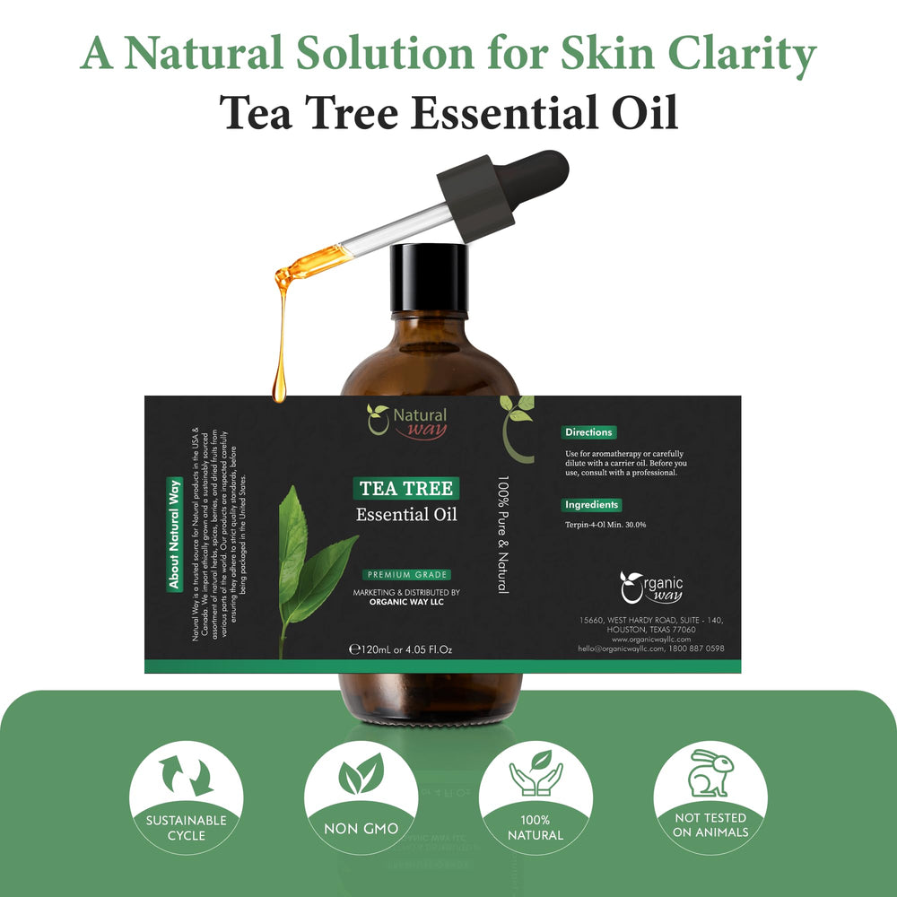 Organic Way Tea Tree Oil 4oz packaging for easy storage.