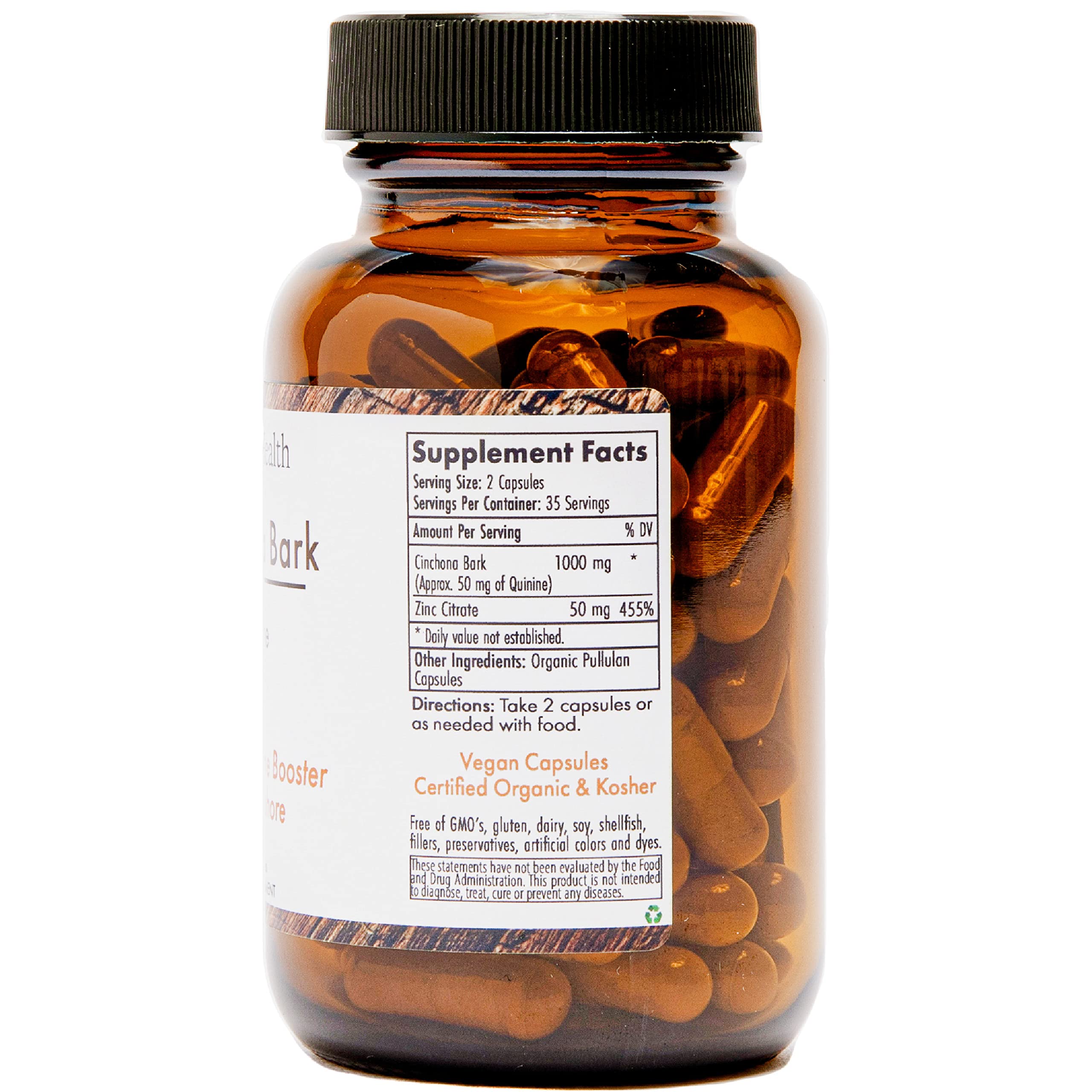 OrganicaHealth quinine label close-up highlights Cinchona Bark origin and natural formulation.