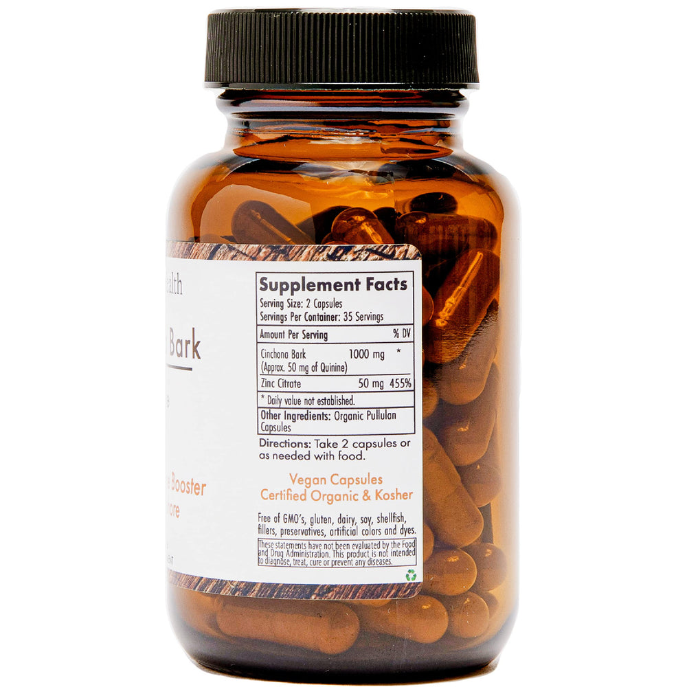 OrganicaHealth quinine label close-up highlights Cinchona Bark origin and natural formulation.