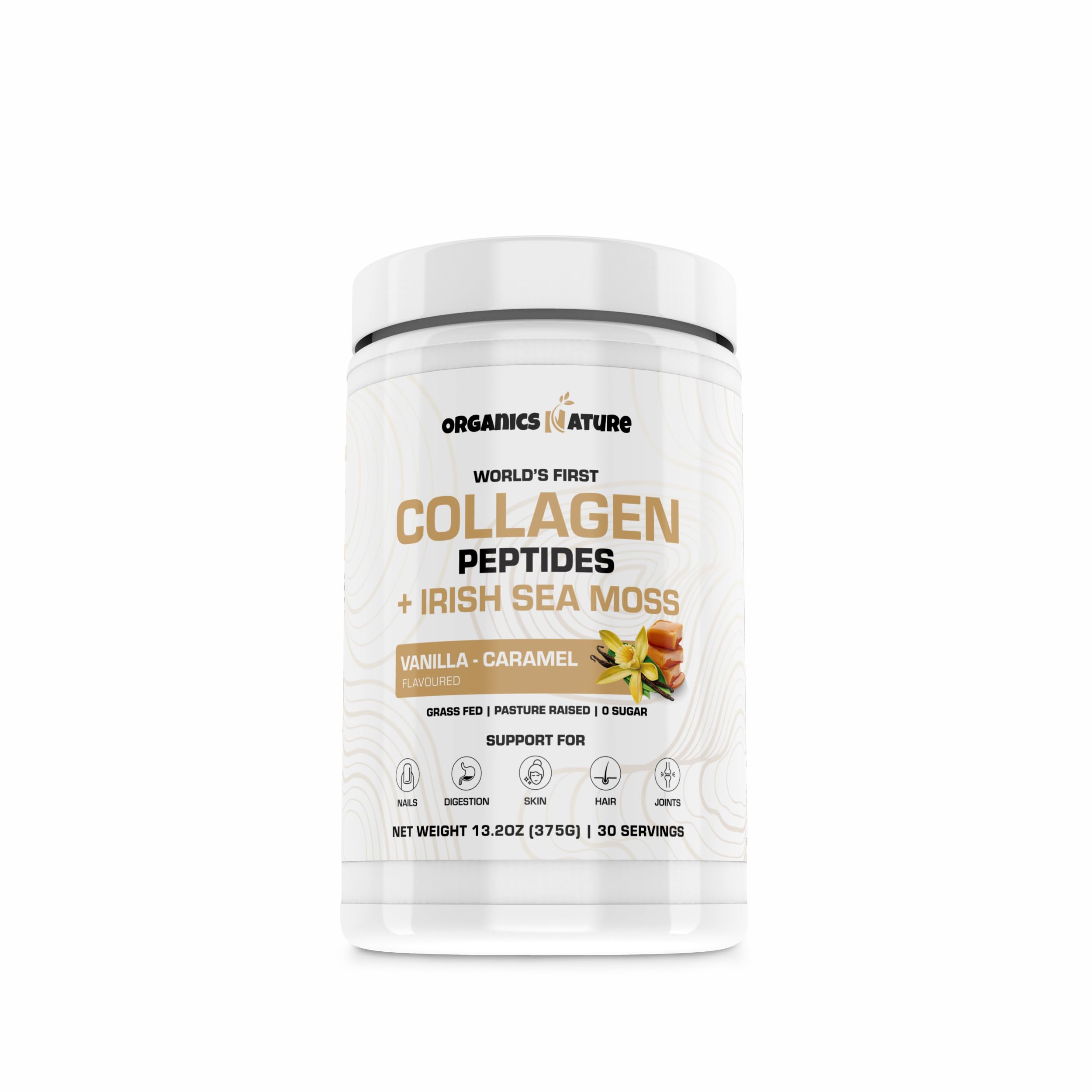 Organics Nature vanilla caramel collagen bottle on shelf highlighting organic ingredients