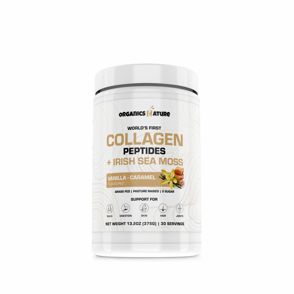 Organics Nature vanilla caramel collagen bottle on shelf highlighting organic ingredients