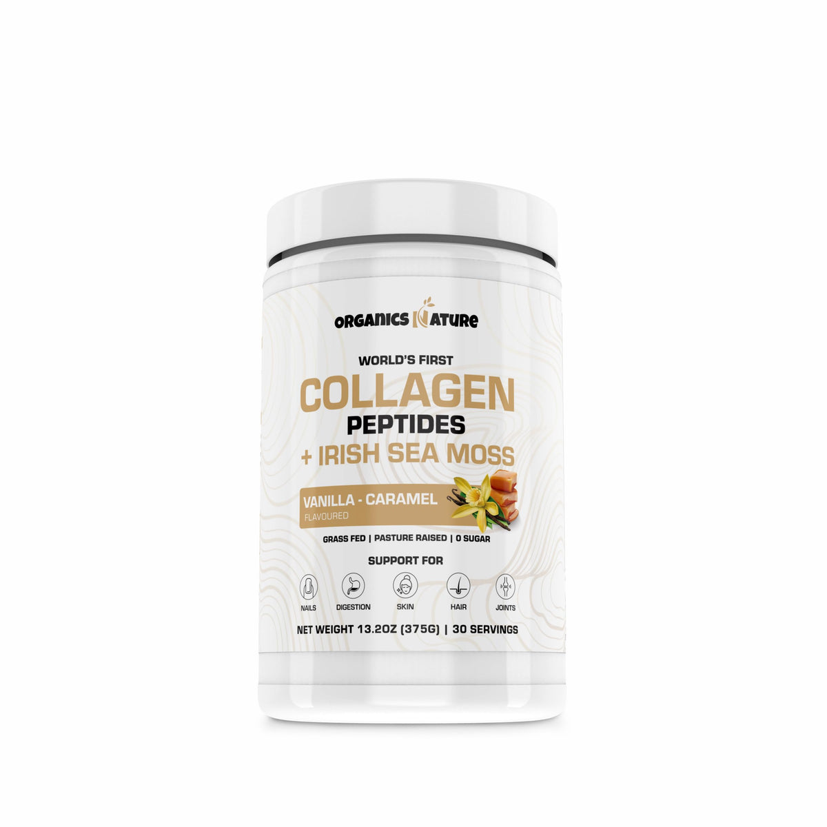 Organics Nature vanilla caramel collagen bottle on shelf highlighting organic ingredients