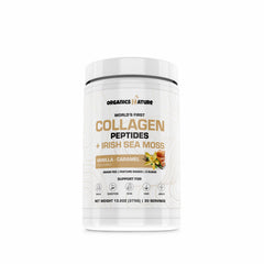 Organics Nature vanilla caramel collagen bottle on shelf highlighting organic ingredients