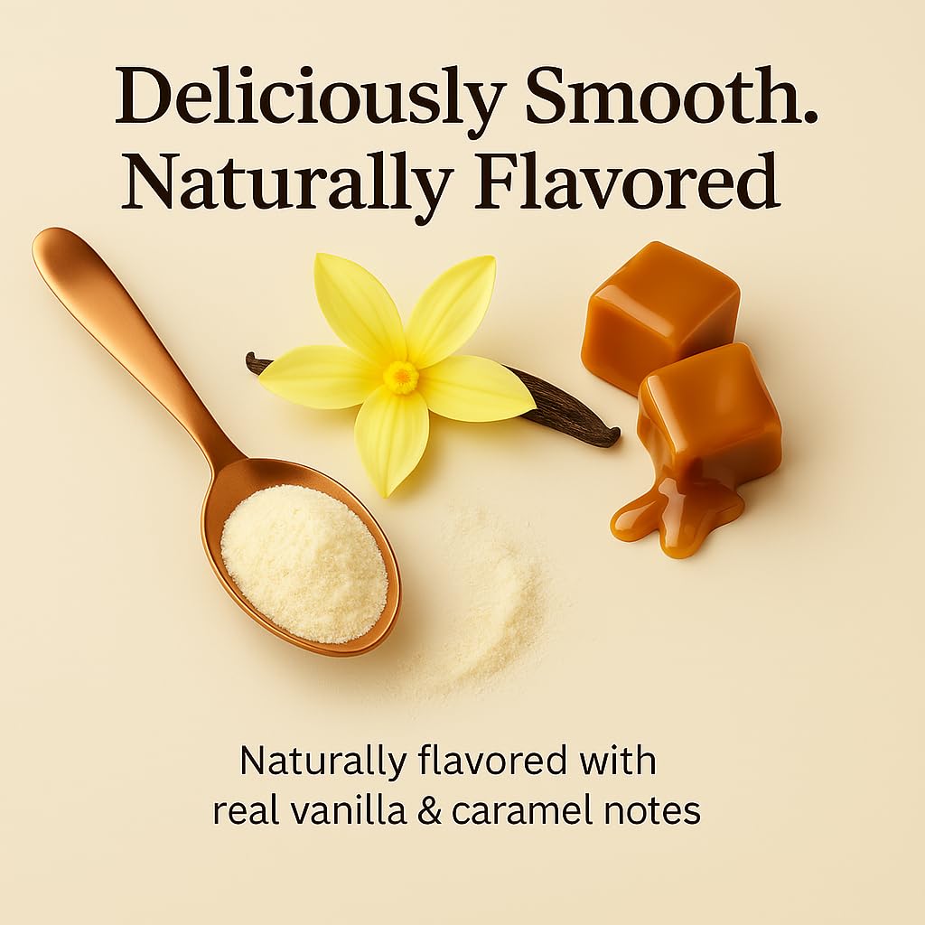 Glass of creamy vanilla caramel collagen shake ready to enjoy
