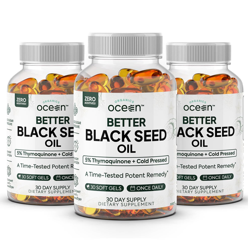 Organics Ocean Better Black Seed Oil bottle shows pure Nigella sativa for daily wellness.